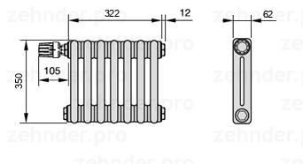 Схема (чертеж) Радиатор Zehnder Charleston 2035/7 №V012 Белый глянцевый RAL 9016